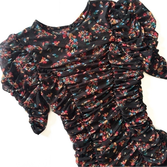 Free People Dress Womens XS Black Grunge Floral Ruched Midi - Picture 6 of 11